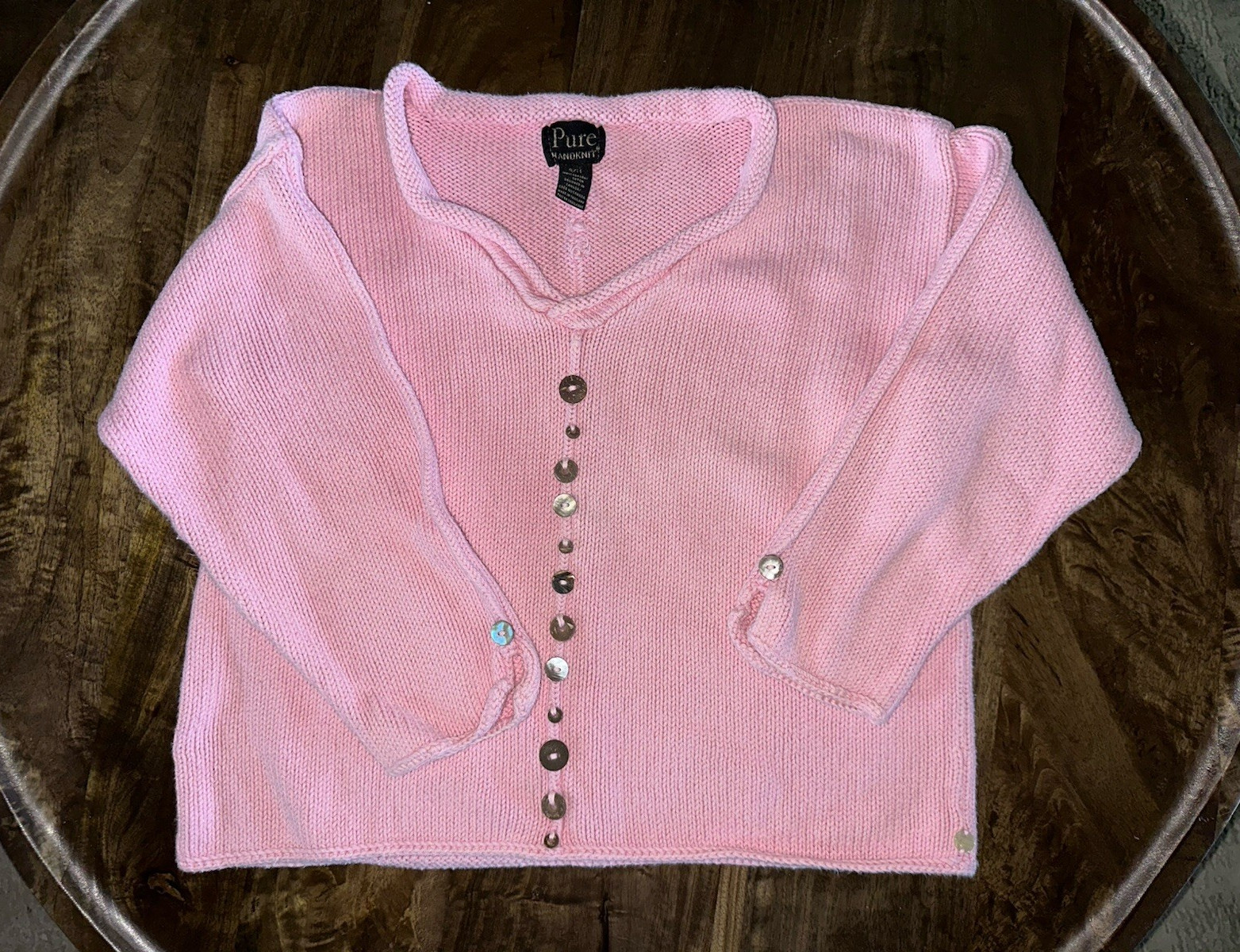 Pure Handknit Womens S/M Pink Knit V-Neck Long Sleeve Button Sweater Girly