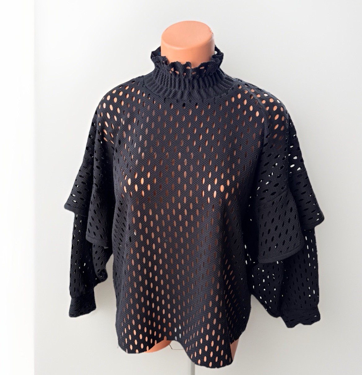 Minkie Black Open Knit Crochet Ruffle Sleeve Mock Neck Pullover Blouse Size L