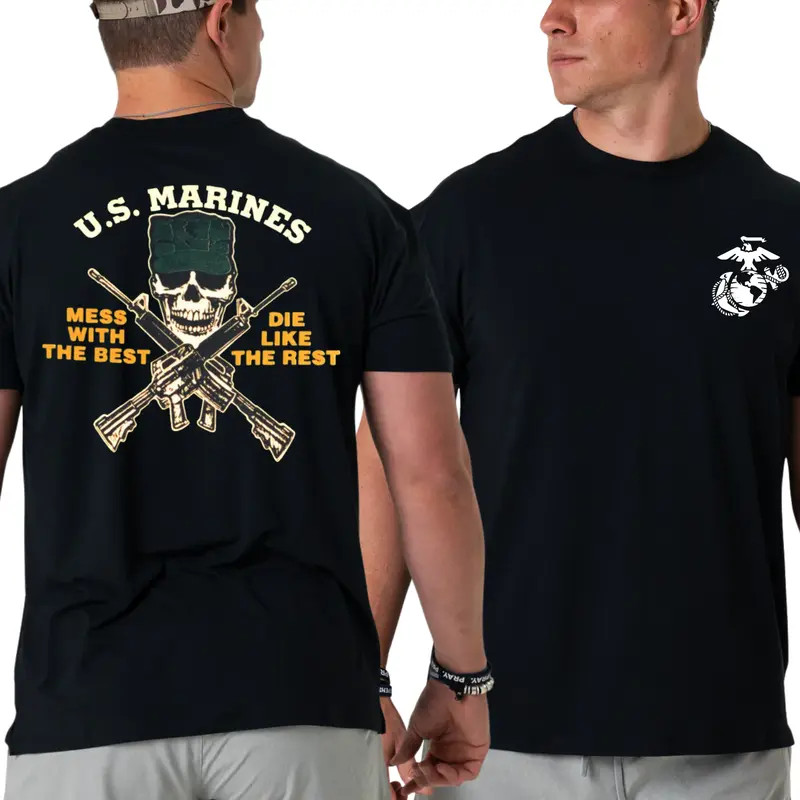 U.S. Marines Skull T-Shirt, Bold Military Pride Design 2 Sides, Mess With The Be