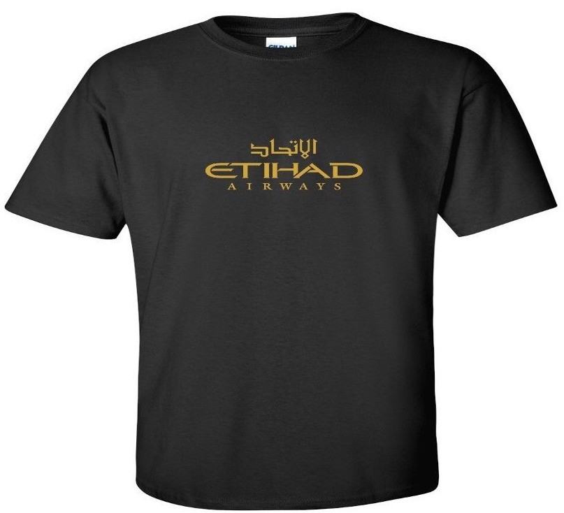 Etihad Airways Gold Logo United Arab Emirates Airline Black Cotton T-shirt