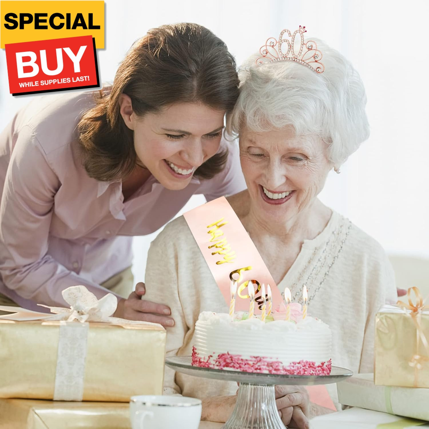 60th Birthday Sash and Tiara for Women, Rose Gold Birthday Sash and Crown Set, 6