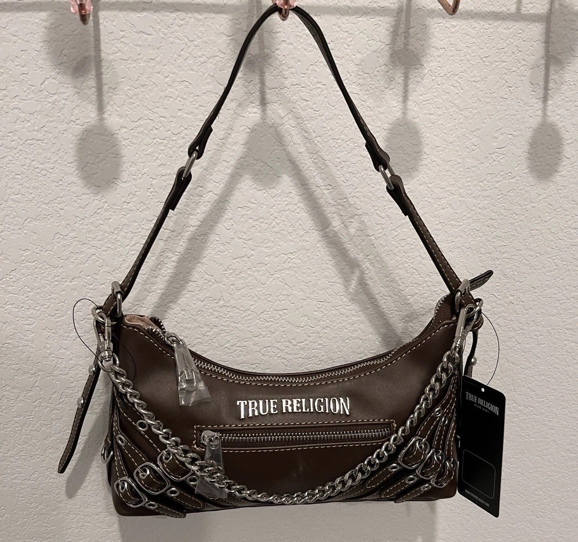 True Religion Brown Crescent Shoulder Bag Zip Chain & Buckle Accents Silver