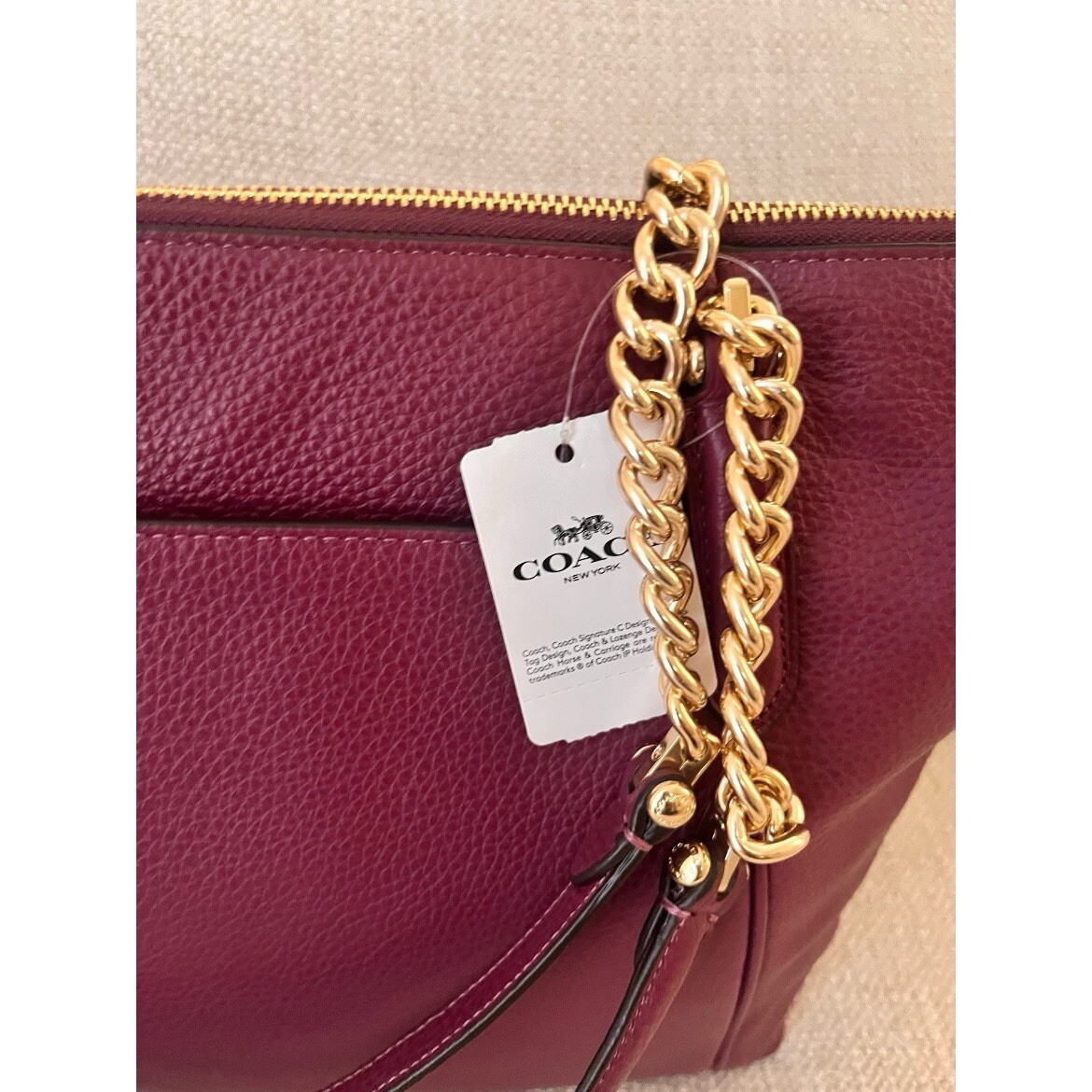 COACH PEBBLE LEATHER AVA CHAIN TOTE HANDBAG PURSE BERRY