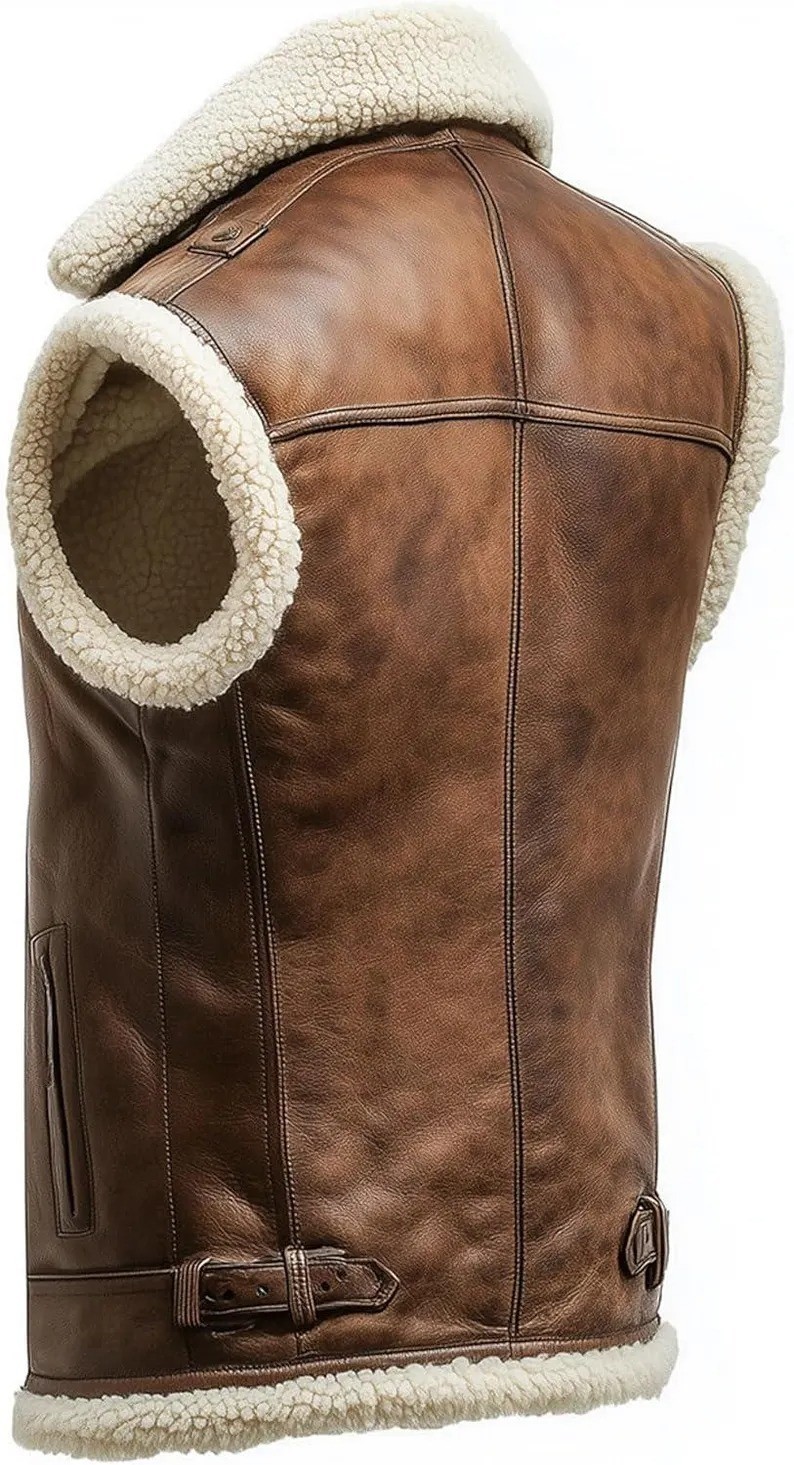 Men’s Brown Sheepskin Shearling Leather Waistcoat Warm Winter Aviator Pilot Vest