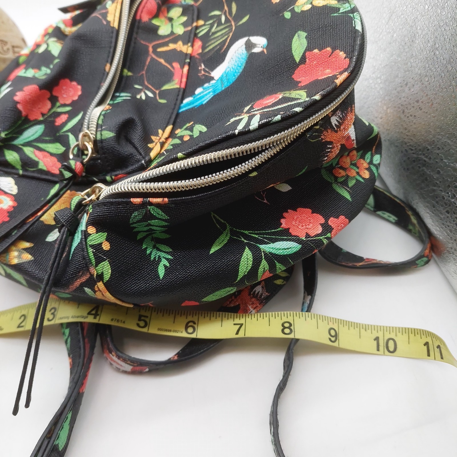 Womens Backpack Black Floral Birds Blue Birds Hummingbird Small 12″