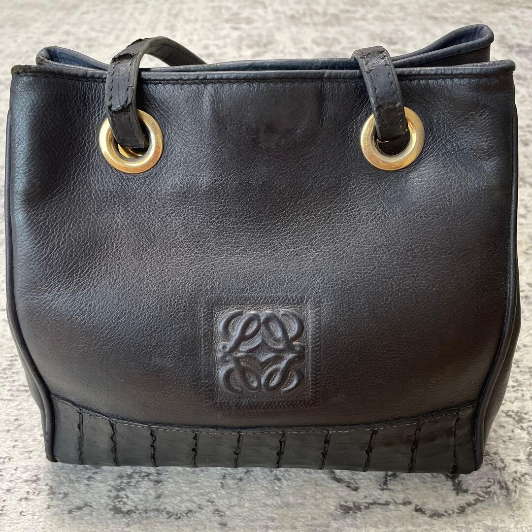 LOEWE Shoulder Bag Embossed Logo Anagram Leather Black Vintage Auth From Japan