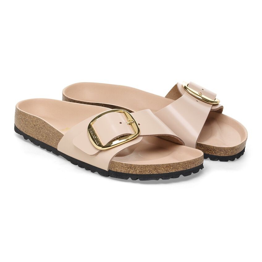 Birkenstock Madrid Big Buckle Natural Leather Patent Sandals Narrow Width Beige