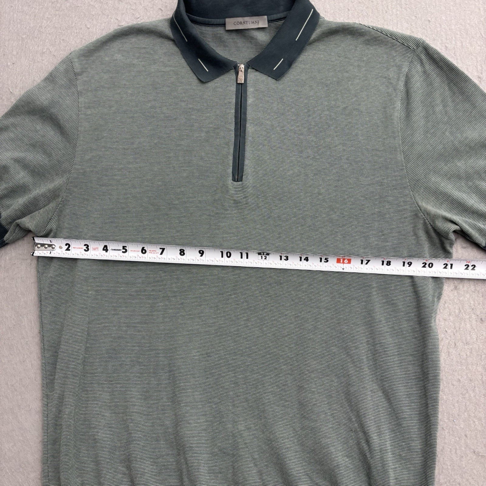Corneliani Quarter Zip Polo Mens 54 Large Green Cotton Jacquard Pullover Italy