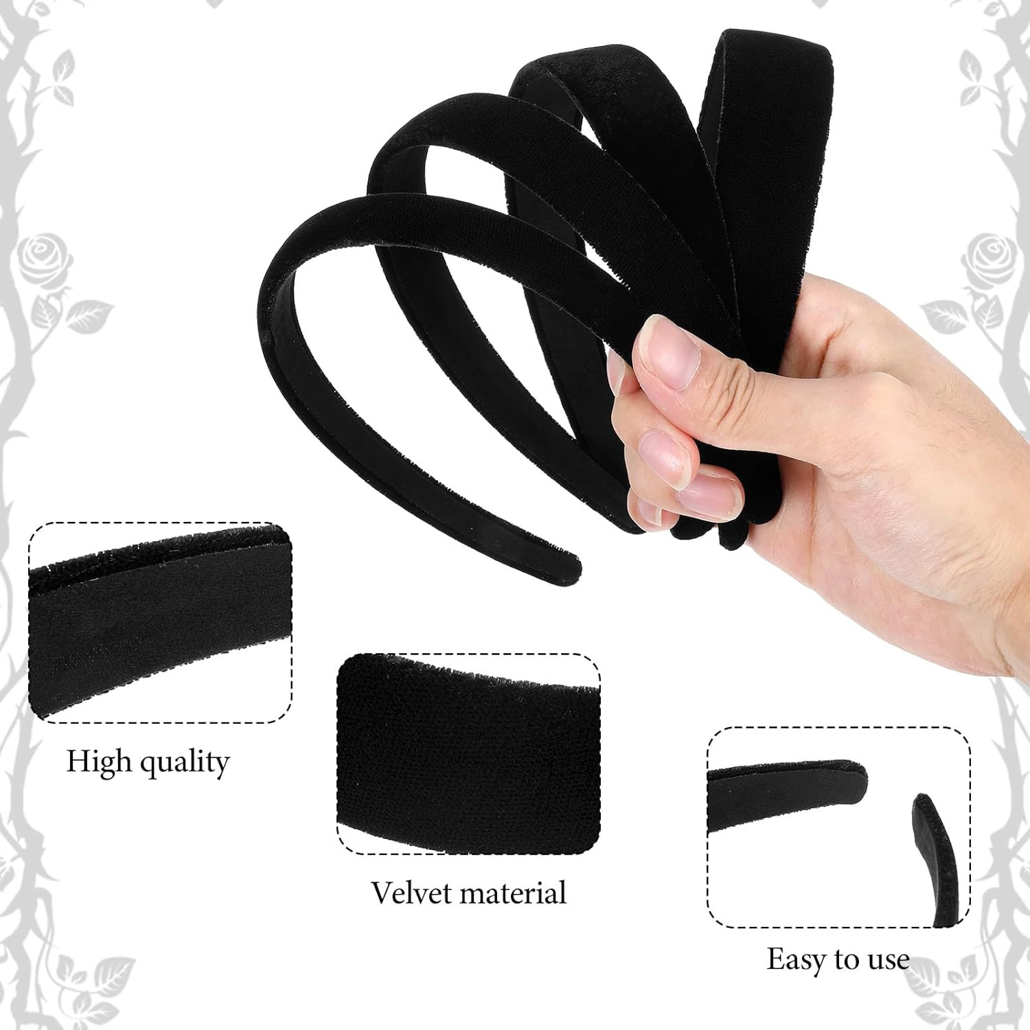 4 Pcs Black Headbands for Women, Velvet Padded Hairbands Fashion Solid Head Band