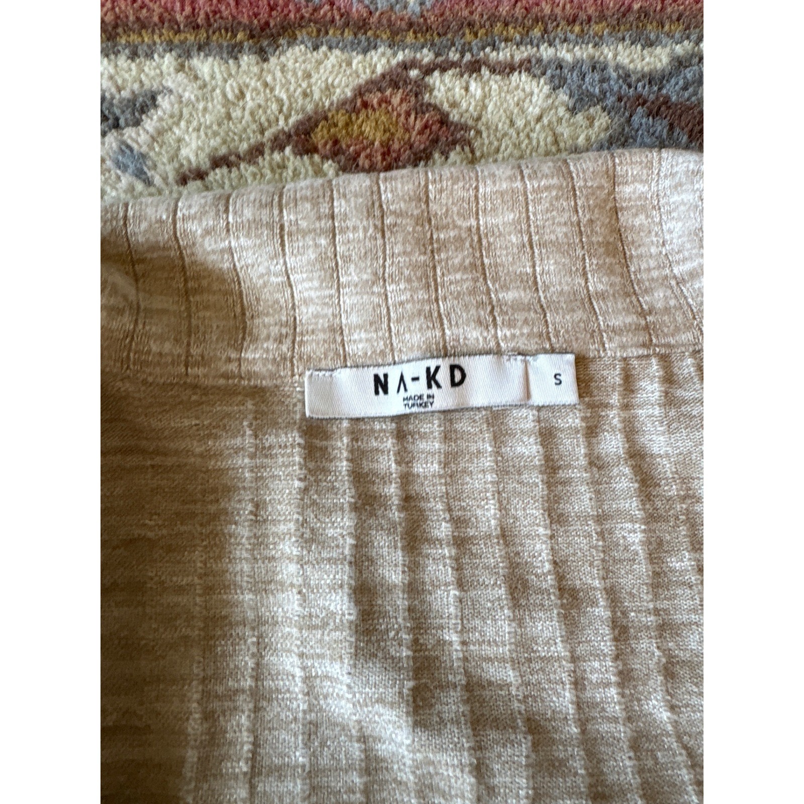 NA-KD Beige Ribbed Knit Wrap Crop Top Long Sleeve Collared Size S