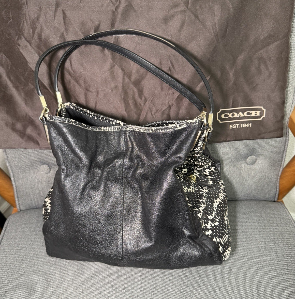 Coach Madison Phoebe handbag featuring black leather sides & 2 tone python