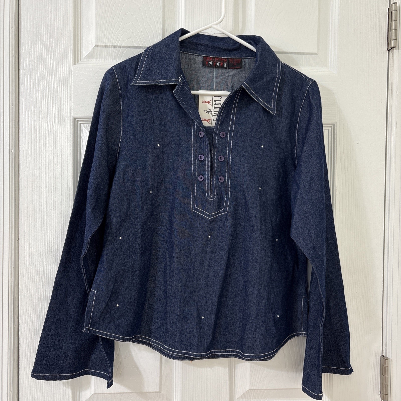 Funky People Top Womens Large Blue Denim L/S Rhinestones Pullover V Neck XL NWT