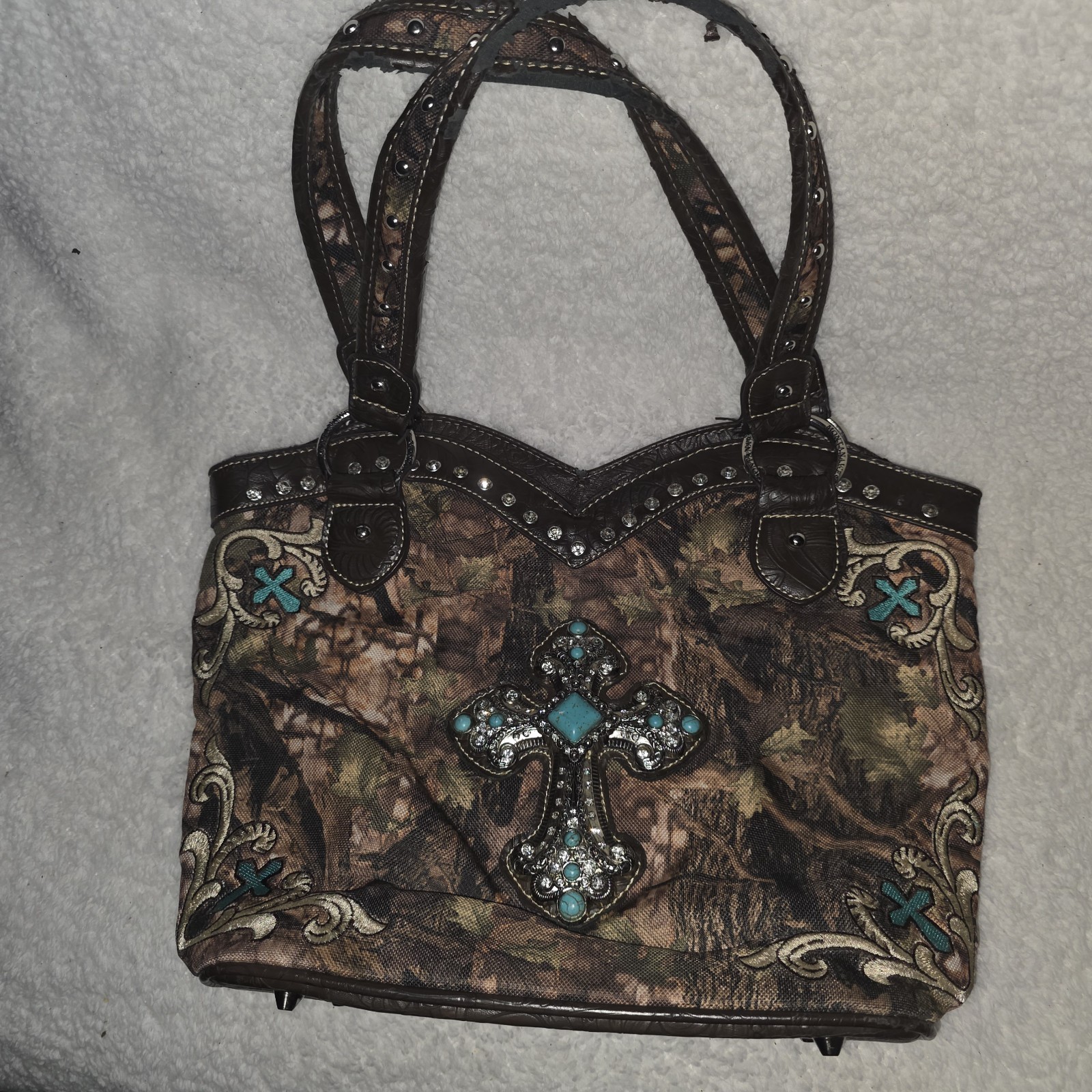 Montana West Camo Crossbody Shoulder Bag Faux Turquoise & Rhinestone Cross EUC