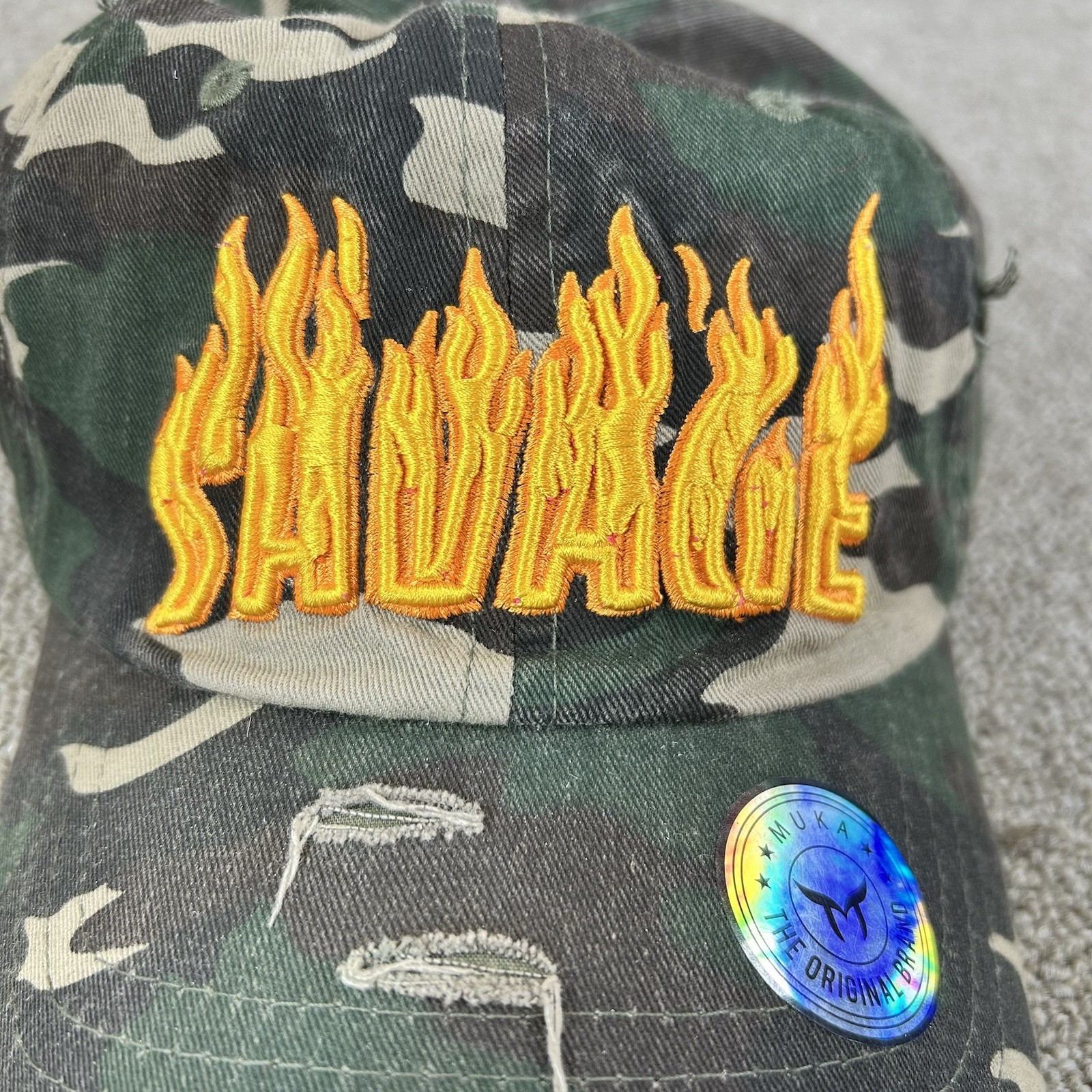 Muka “Savage” Dad Cap Hat Camo Distressed Adjustable New Without Tags