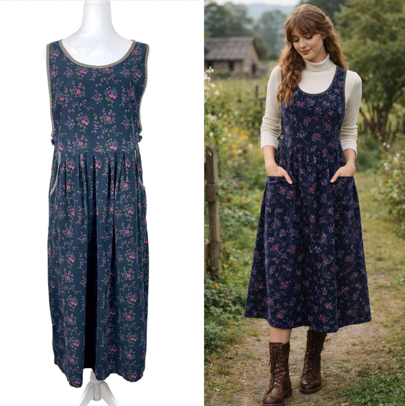 Vintage 90s Erika & Co Floral Corduroy Jumper Dress M Cottagecore Soft Grunge