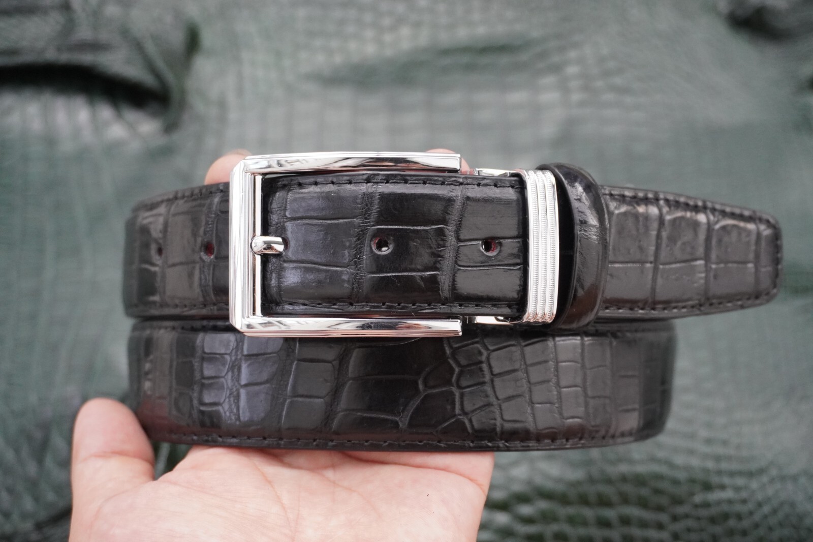 W1.3 inch Black Genuine Crocodile Belly Leather Skin Men’s Belt Pin Buckle #J02