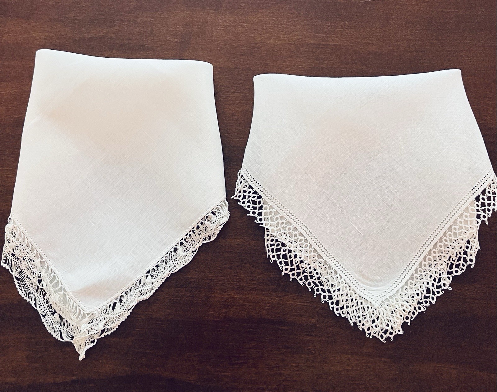 2 Vintage Ladies Hankies White With White Crocheted And Tatting Edges