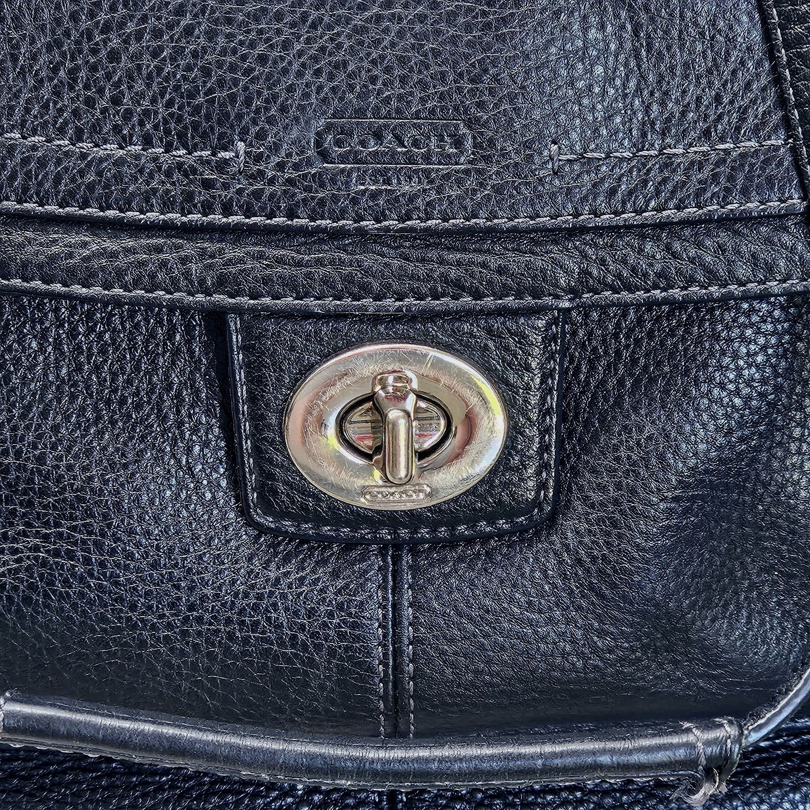 COACH Penelope Shoulder Bag Black Pebbled Leather F19264 Front Turn-Lock Tote