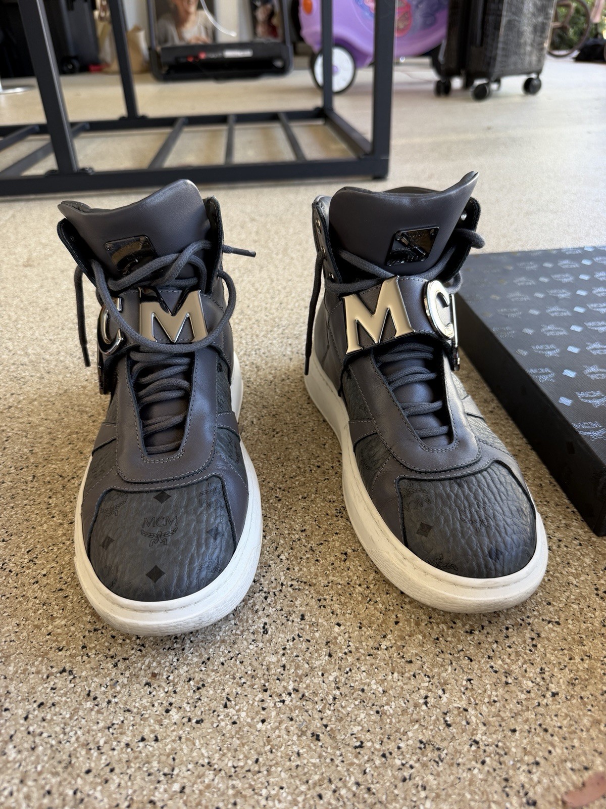 MCM Men’s High Top GRAY Leather Lace-Up Sneakers Black/White Logo Pattern