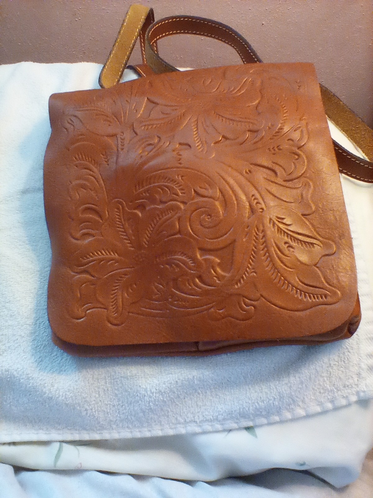 Patricia Nash Brown Tooled Italian Leather Floral Crossbody Purse Bag