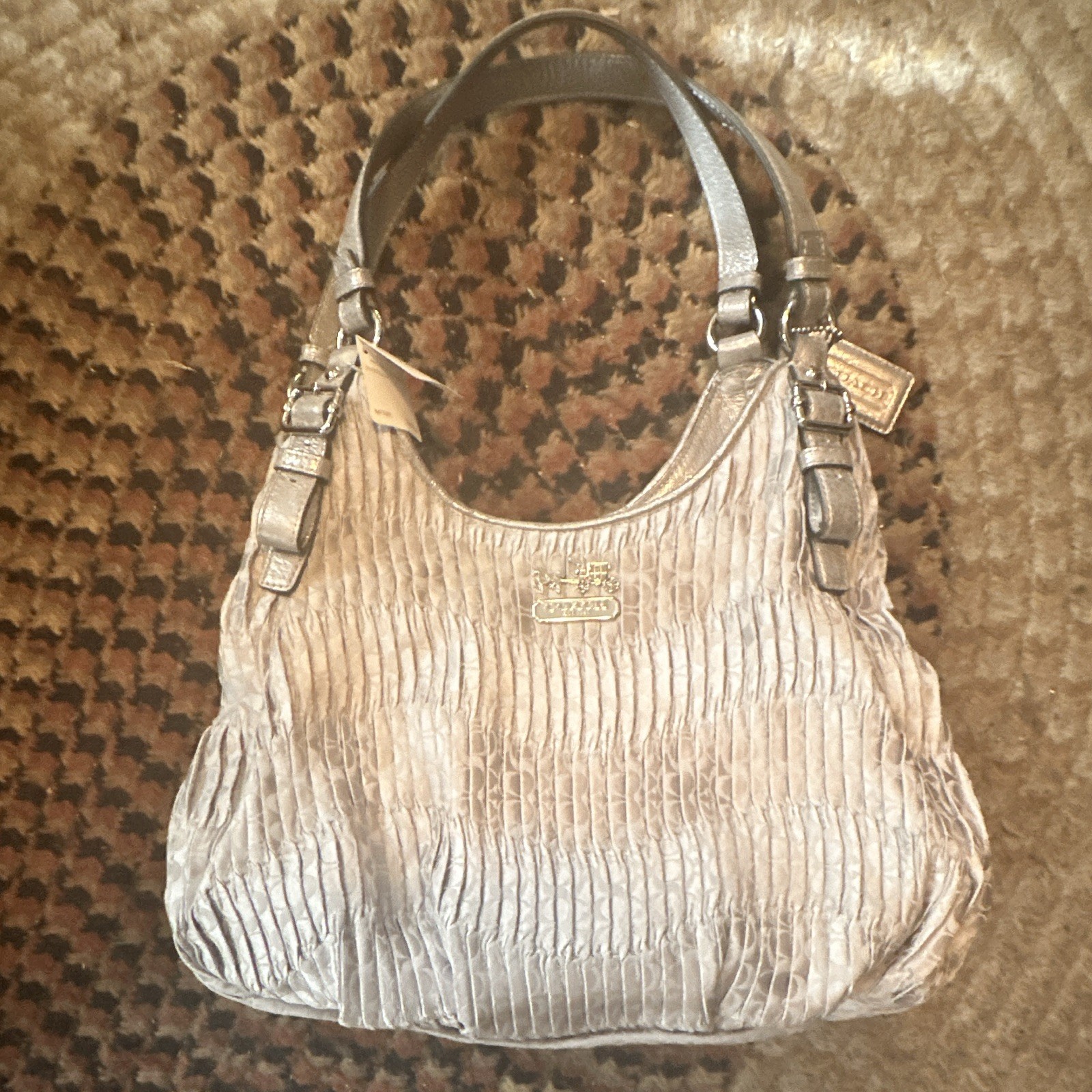 Coach Madison Maggie Large Metallic Silver Shoulder Bag Zip Ruched and Pleated