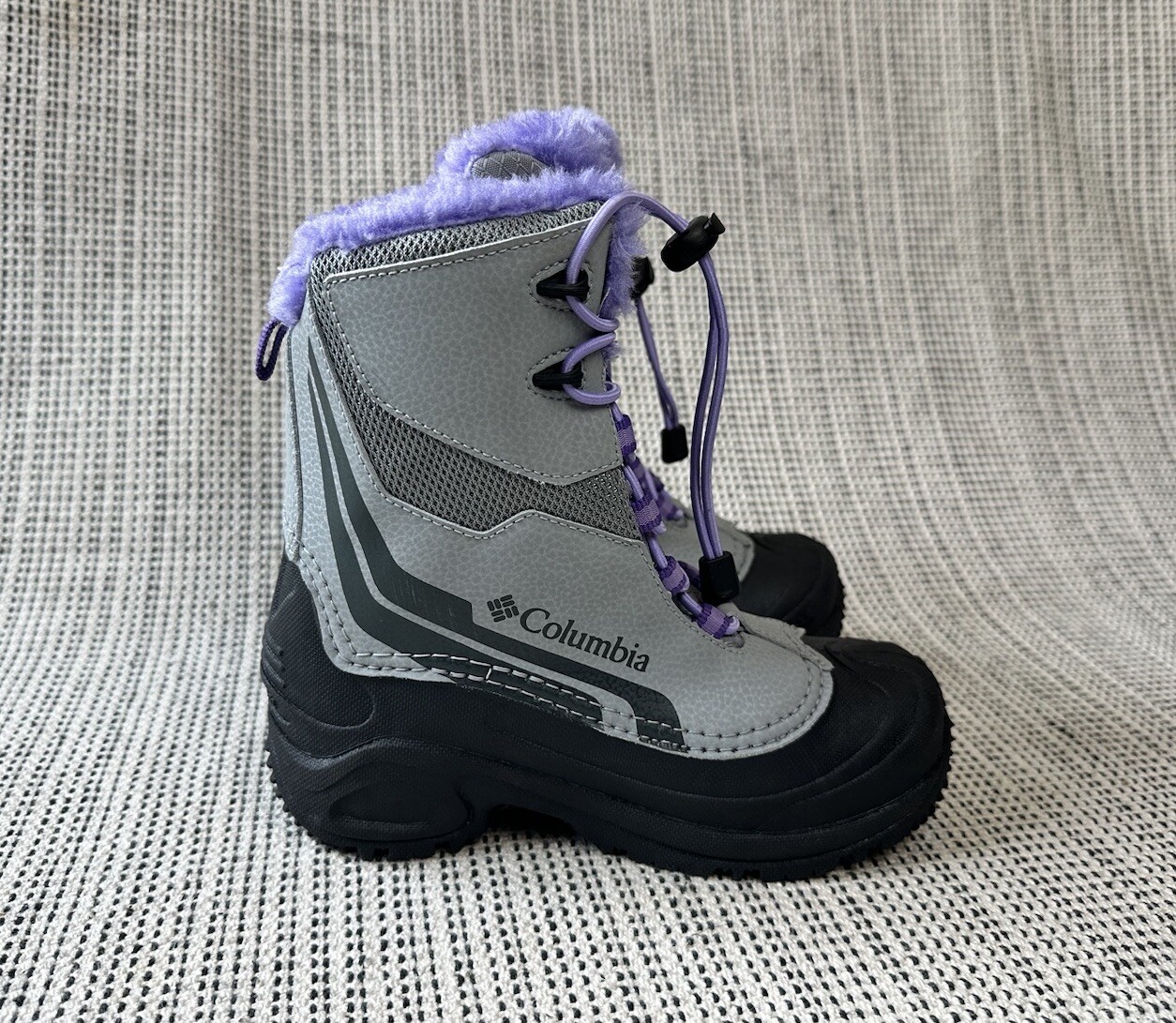 Columbia Bugaboot Girls 2 Gray Purple Snow Boots Faux Fur Waterproof Omni-Heat