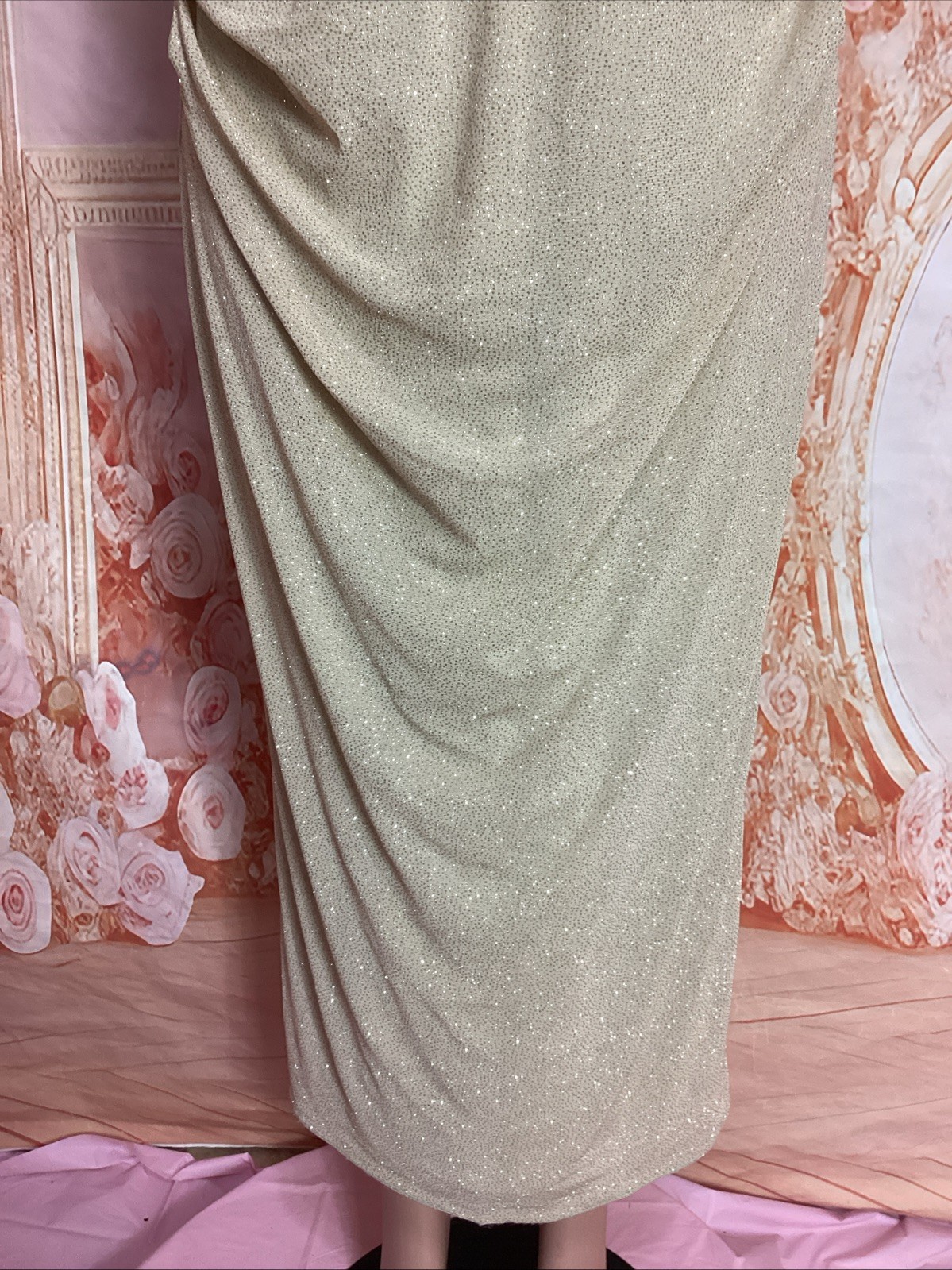 Candalite Champagne Sparkly Metallic Off Shoulder Cruise Prom Formal Gown L