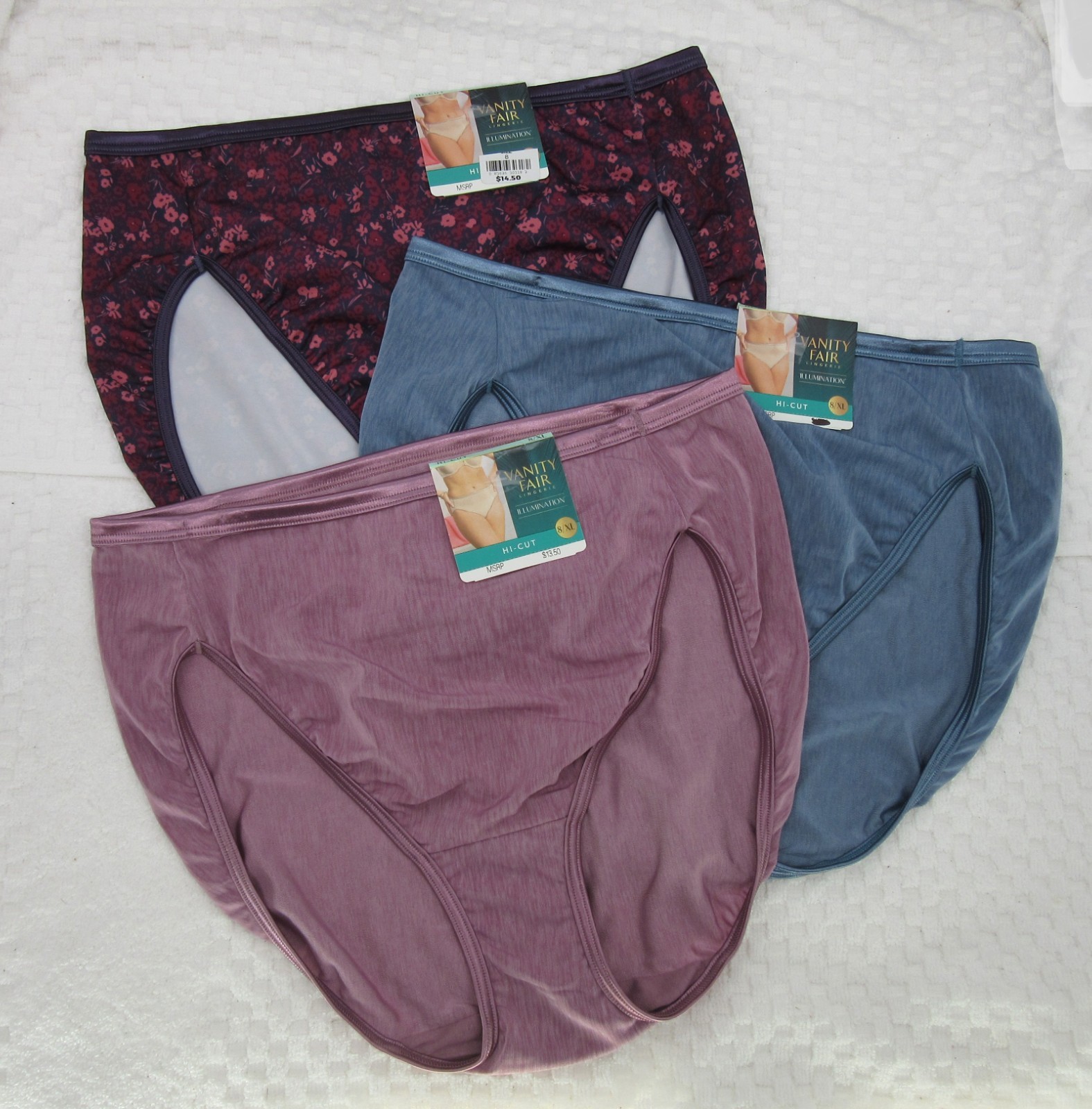 NWT set/3 VANITY FAIR ILLUMINATION HI CUT 13108 STEELE BLUE MAUVE MIST COSMO GDN