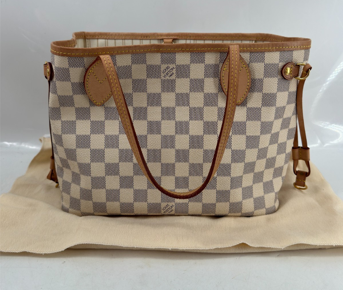 Louis Vuitton Neverfull Tote PM White Canvas Tote Damier Azur Authentic