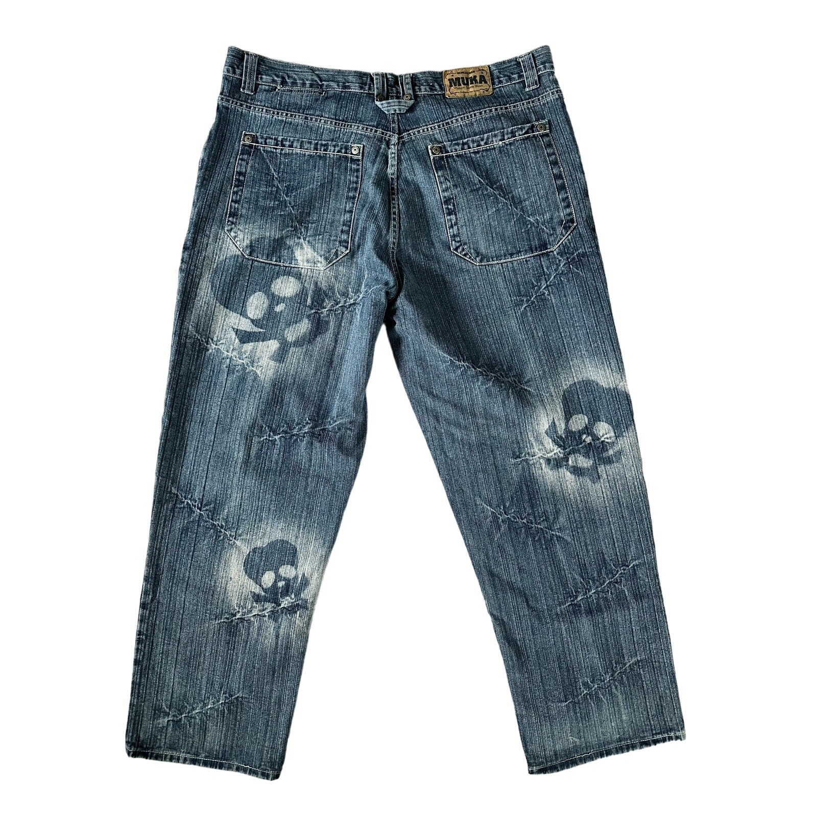 Muka Jeans Baggy Y2K Airbrushed Skull Stitches All Over Design Grunge Jeans 42