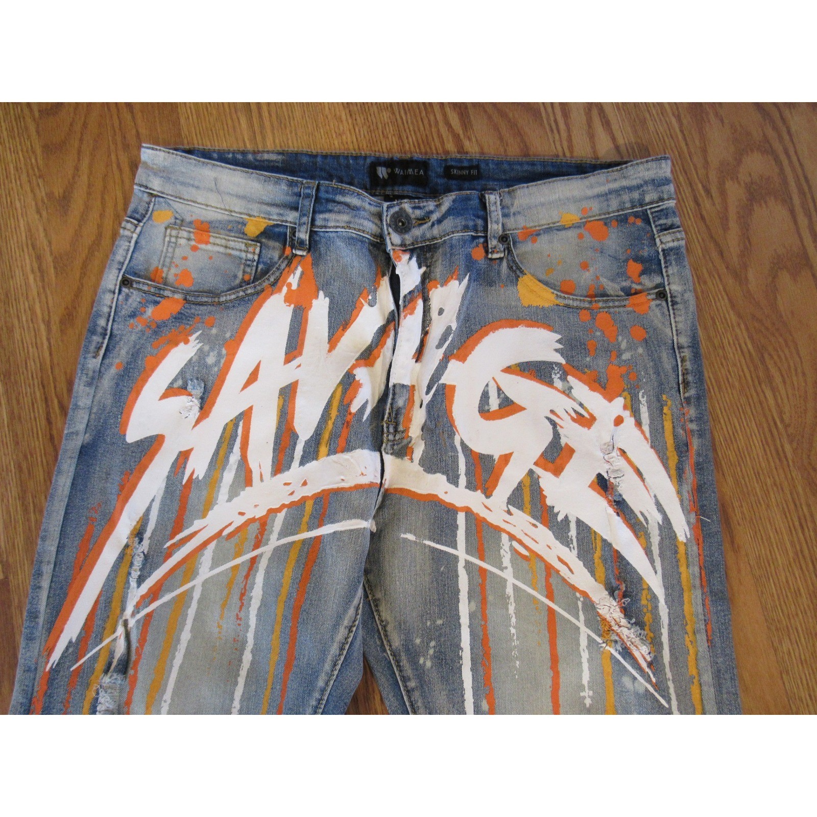Waimea Savage Graphic Skinny Fit Jeans Light Wash Distressed Splatter Mens 36×32