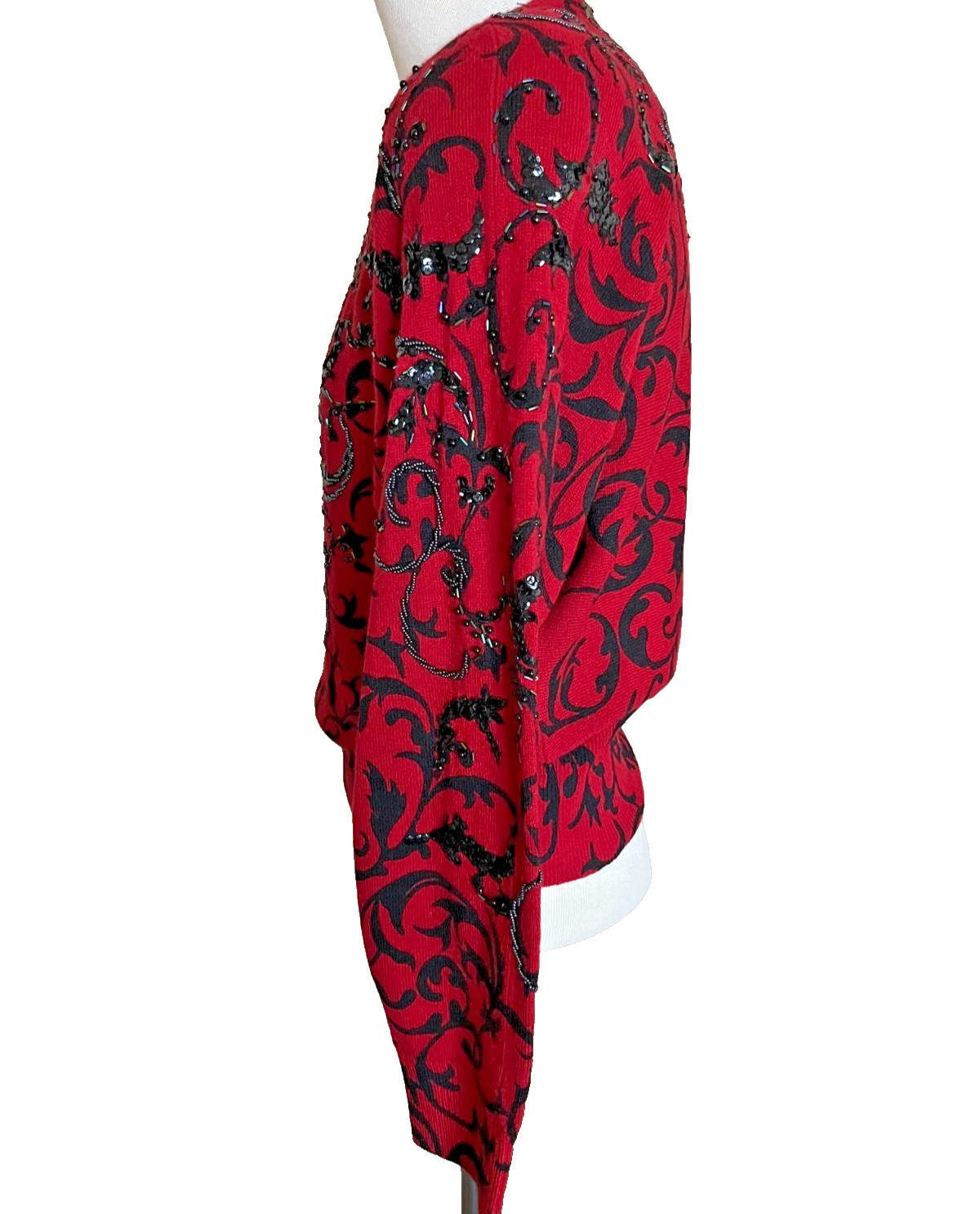 Cache Sweater Top Red Black Sequin Beaded Size Small Angora Wool Holiday Vintage