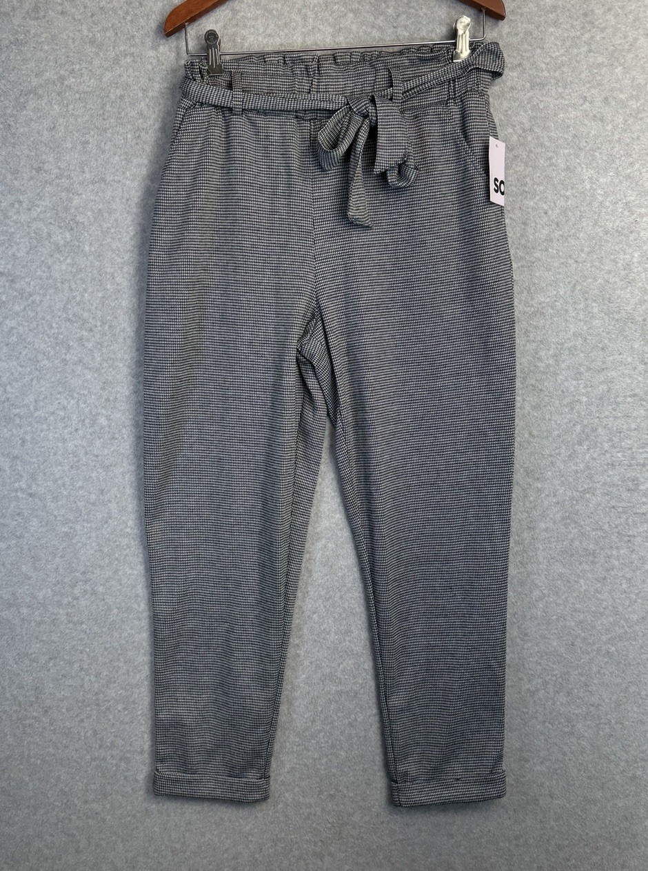 NWT SO Goods For Life Houndstooth Paperbag Pants L Black White Tie Waist