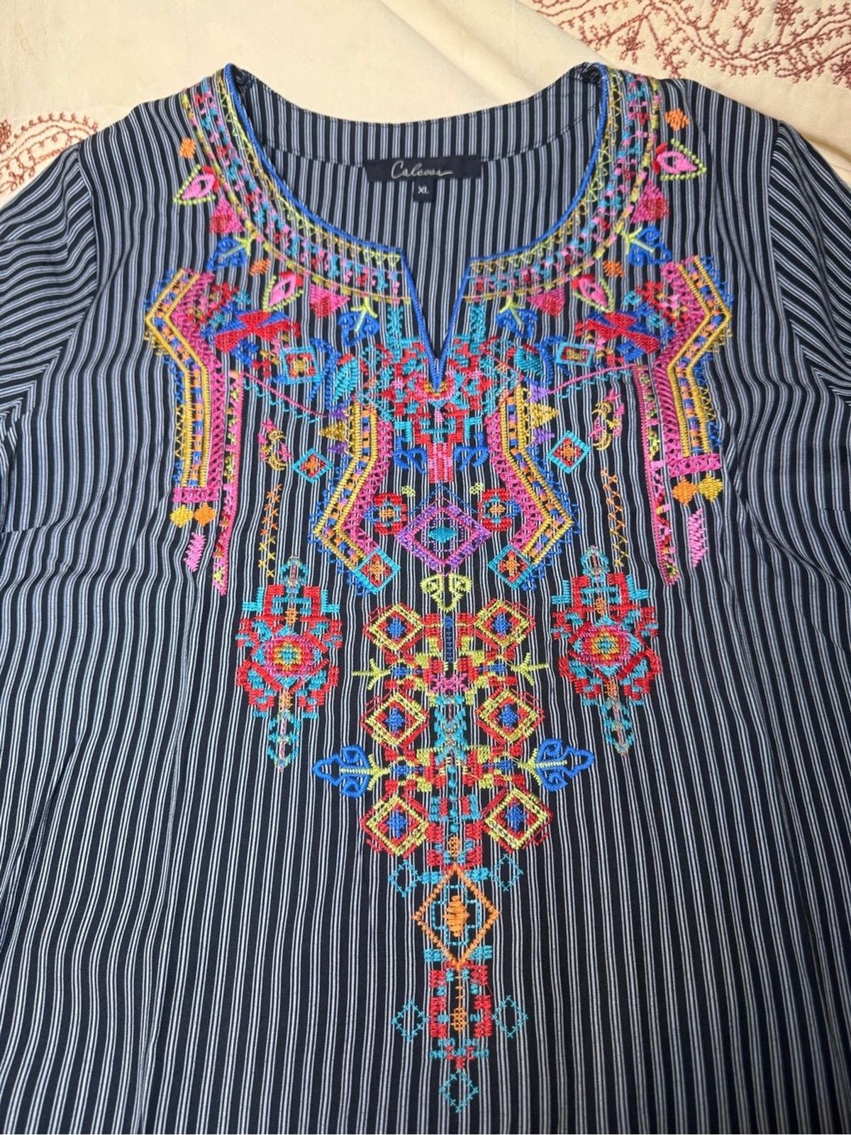 CALEOOS Navy Striped Embroidered Bell-Sleeve Tunic Top Retro Hippie Vibe XL