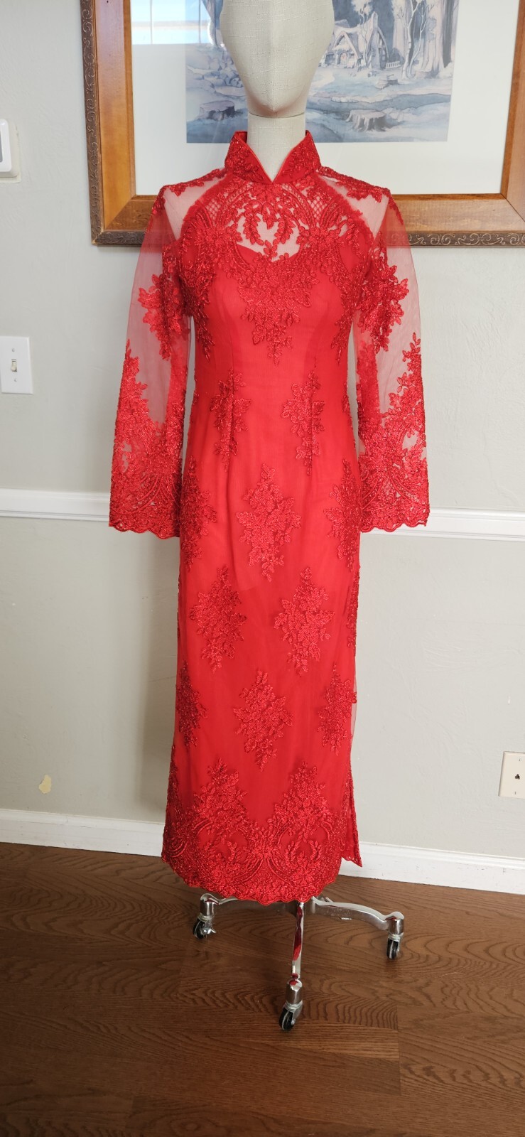 Red Embelished Cheongsam Style Dress As Pictured