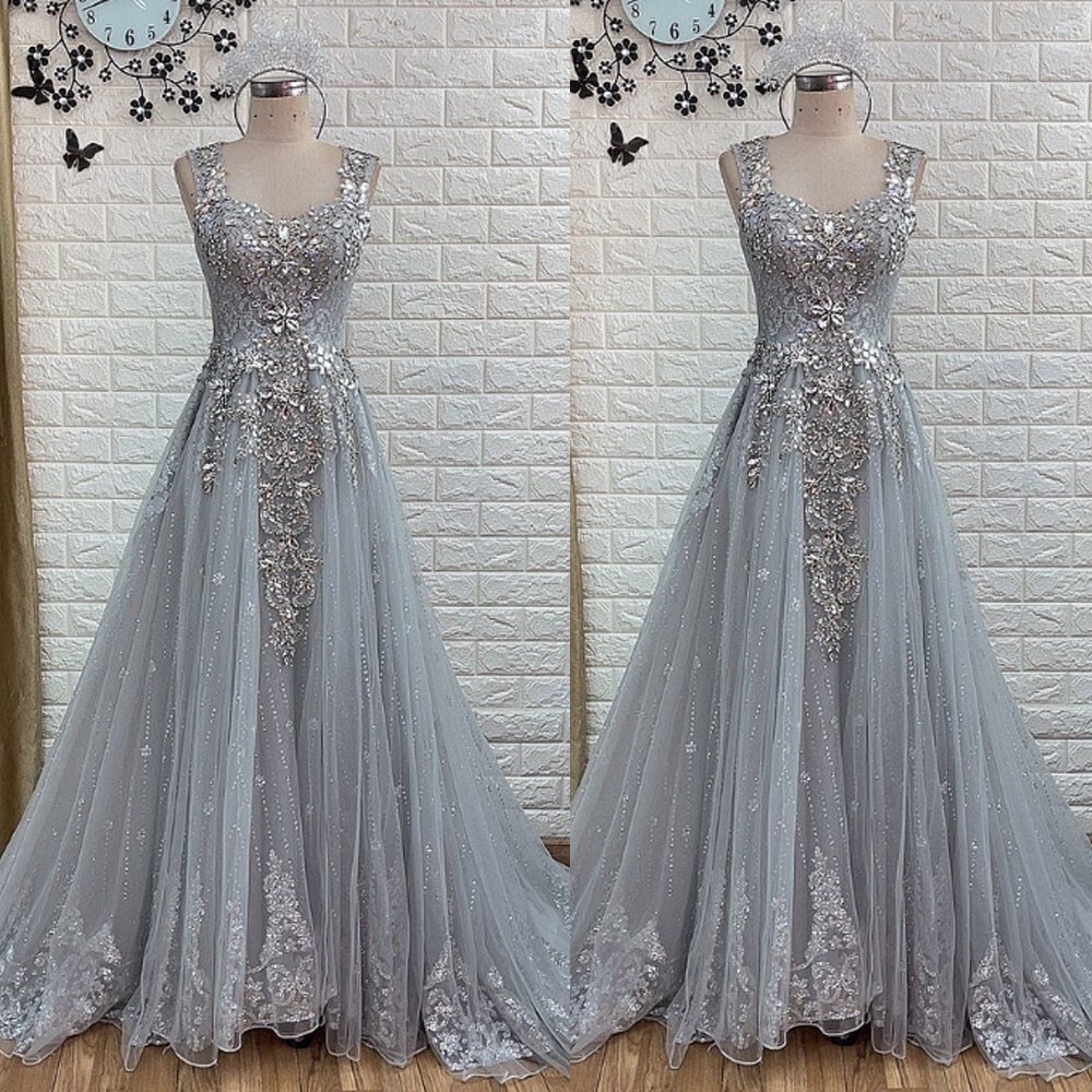 Princess Gray Blue Luxury Wedding Dresses Beaded A Line Glitters Bridal Gowns