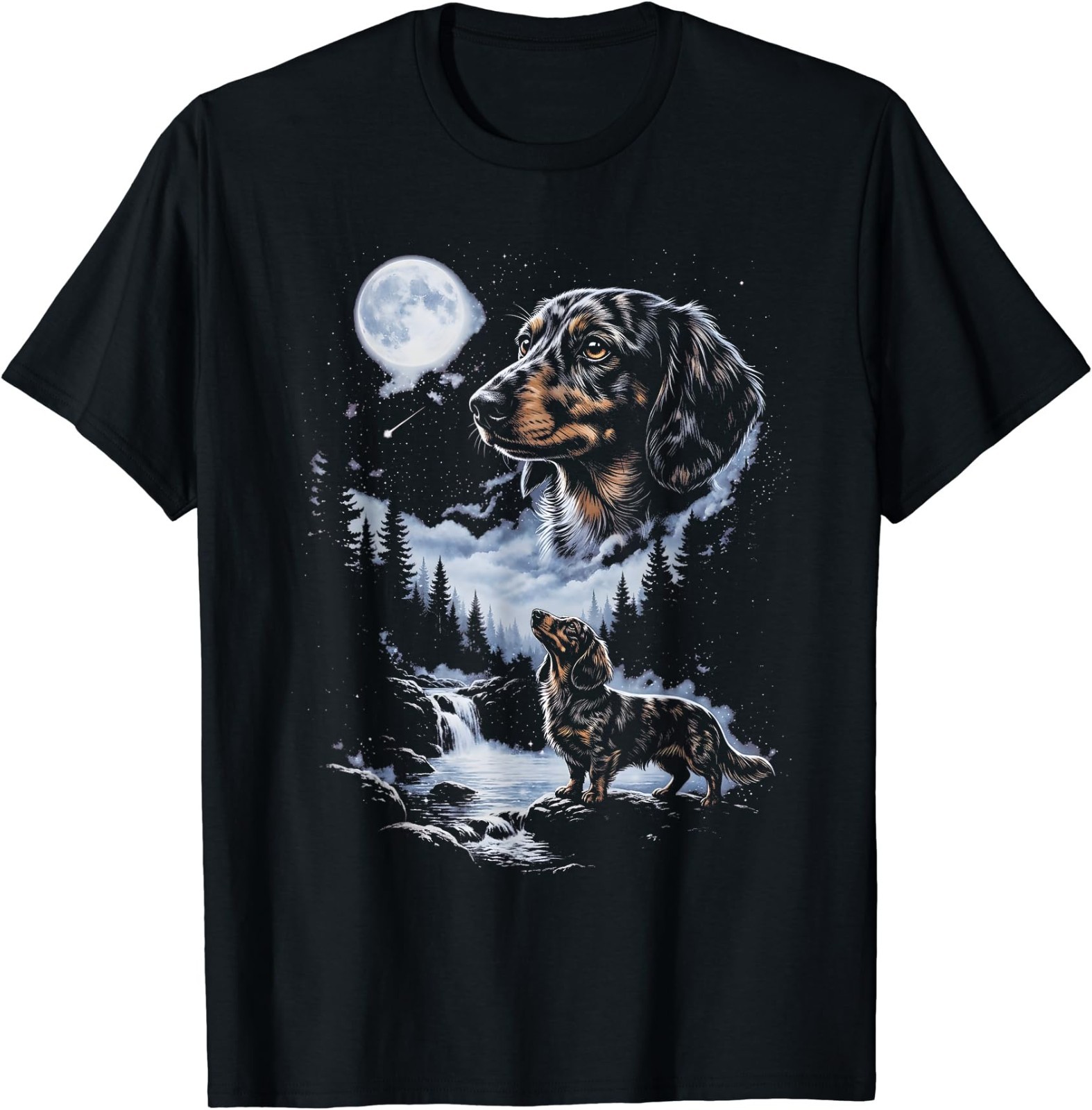 Dachshund Dog Howling at Moon 90’s Retro Moonlit Night Sky T-Shirt