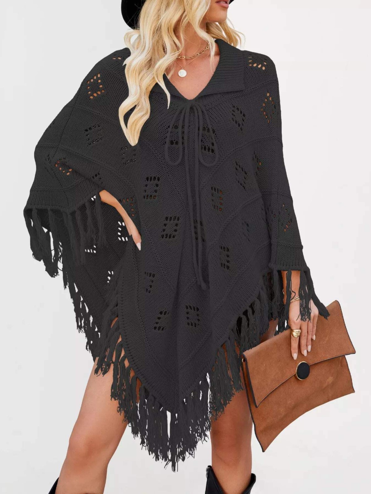 Women’s Fringe Tassel Tie Openwork Knit Boho Beach Cover Up Multi Colors S-XL