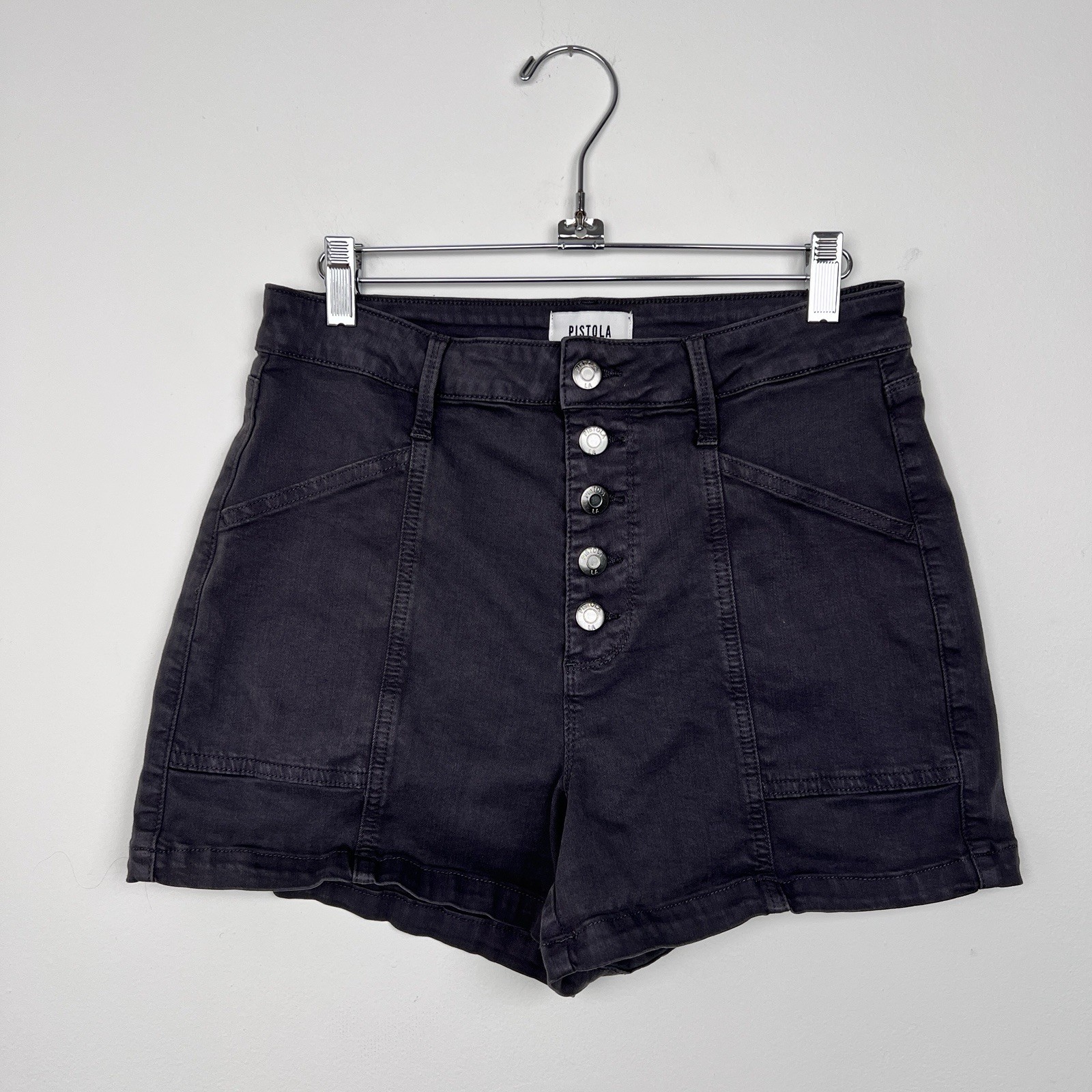 PISTOLA Tammy High-Rise Cotton Twill Charcoal Shorts Size 29 Exposed Button Fly