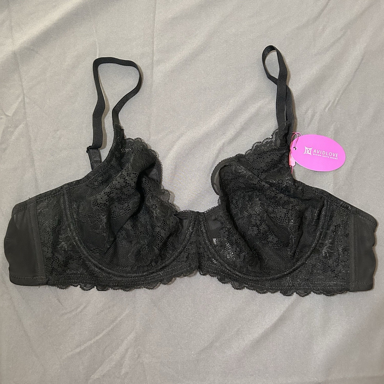 Avidlove Lace Underwire Bra Black Unlined Sheer Full Coverage Bralette XXL NWT