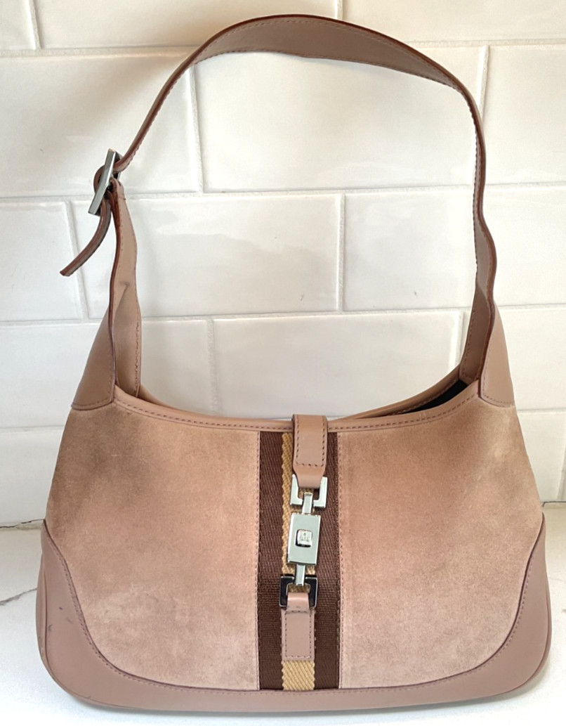 Gucci Suede Small Jackie 1961 One Shoulder Bag Taupe Brown Accent