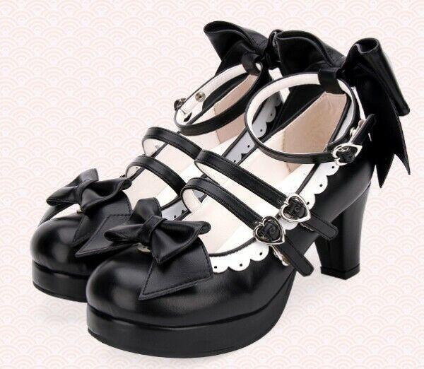 Lolita Women’s Mid Heel Cosplay Shoes Bowknot Platform Sweet Candy Shiny Leather