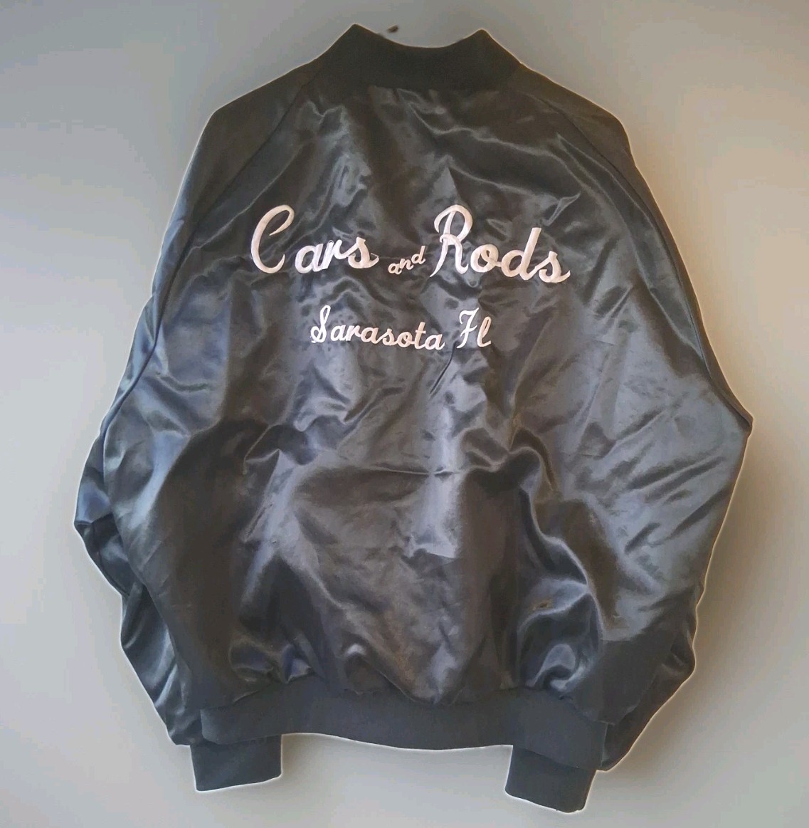 Vintage 1970s Aristo Jac CARS & RODS Shop Sara. FL Satin Jacket EMB “Willie” XL
