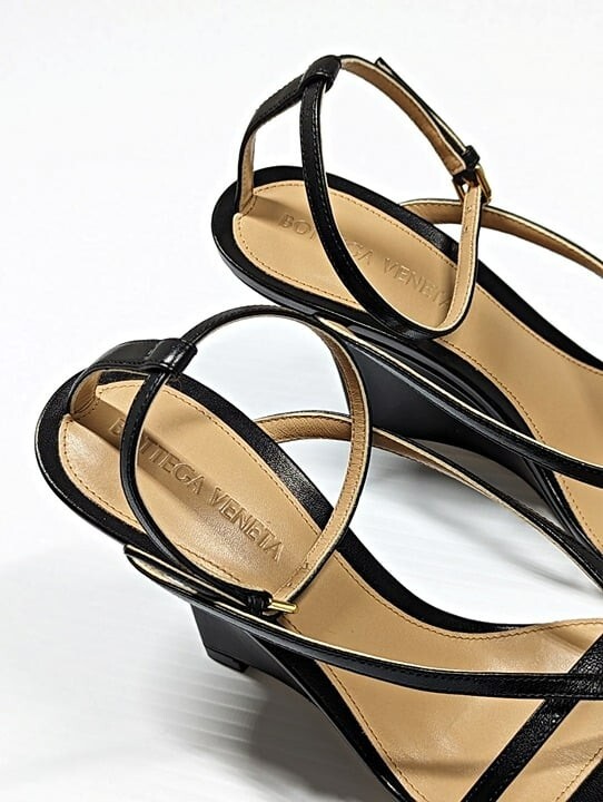 Bottega Veneta Women’s Black Stretch Strappy Wedge Sandals Size 39 (MSRP $1,100)