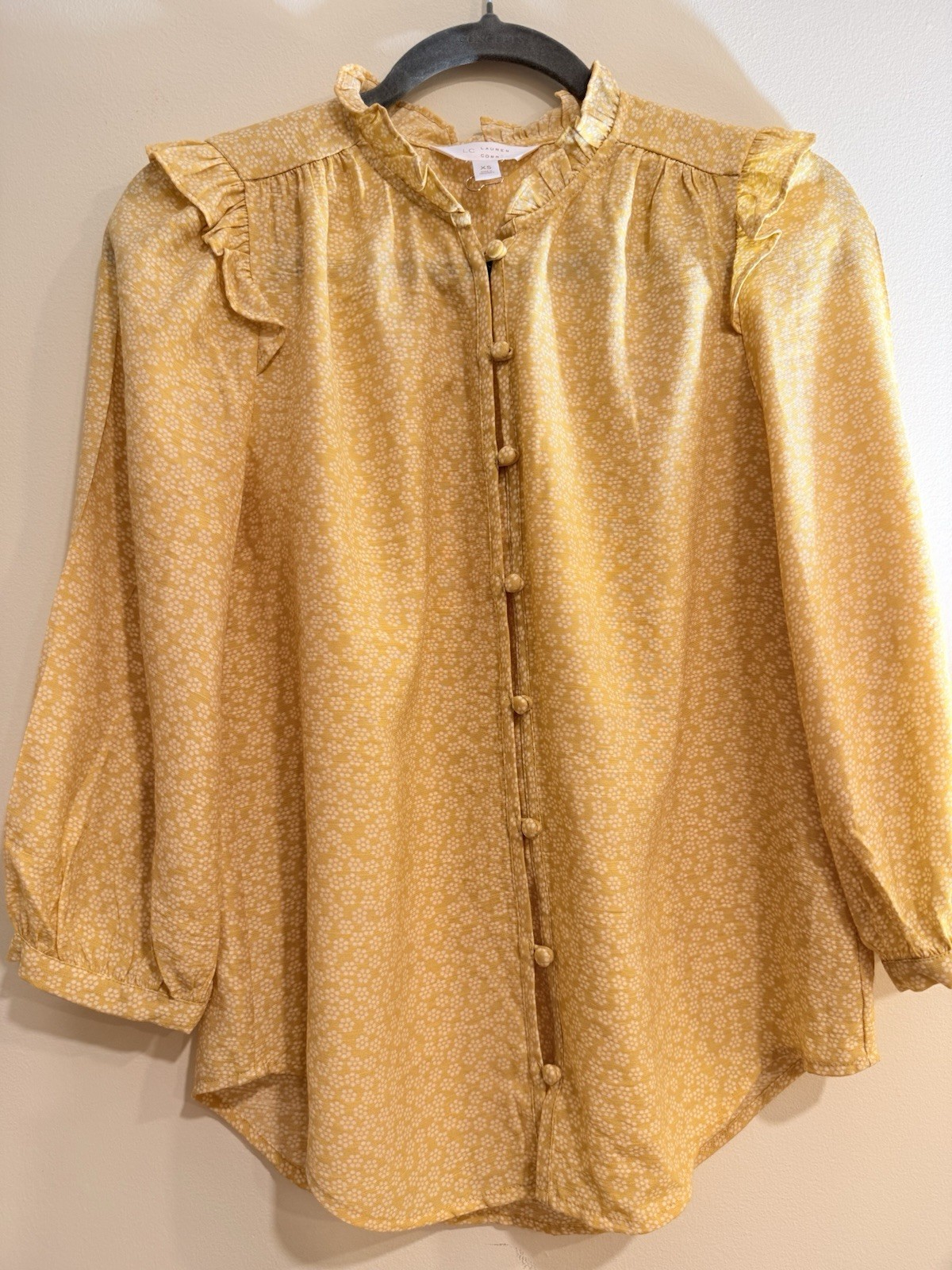 LC Lauren Conrad Blouse Yellow/White Ruffle Neck Puff 3/4 XS