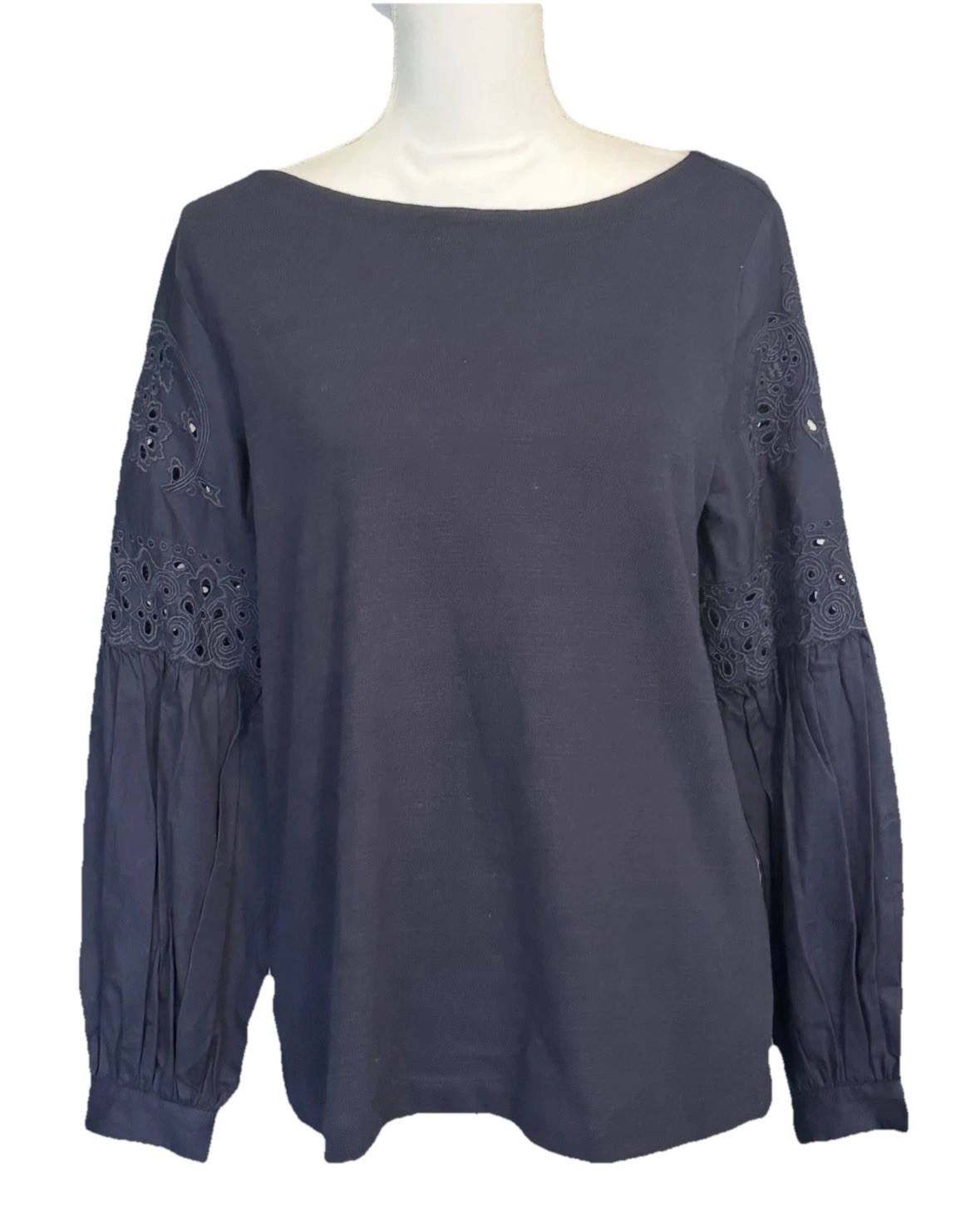 Loft Shirt Top New NWT Small Navy Blue Eyelet Sleeve Casual Fall Winter