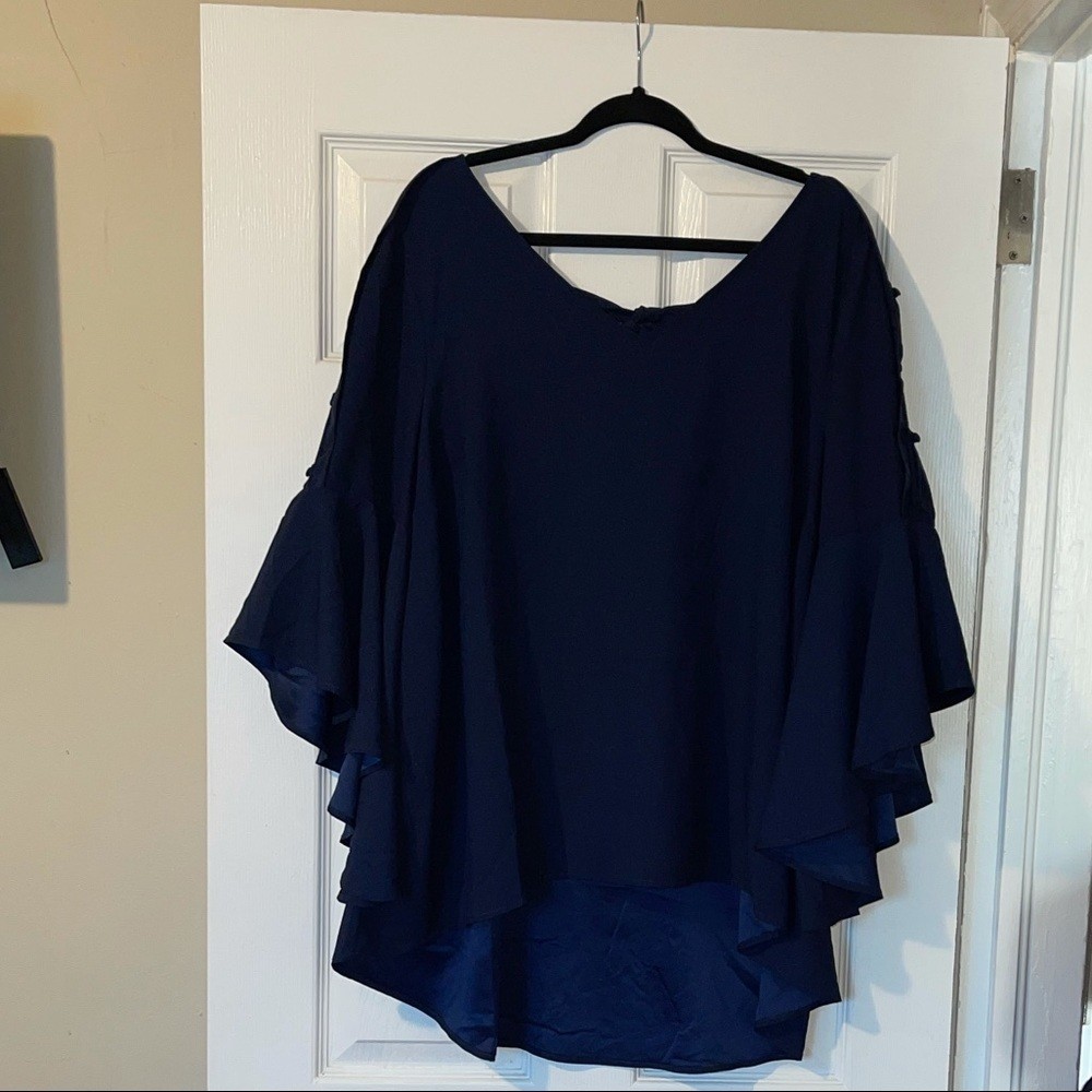 Roaman’s Navy Blue Bell Sleeve Blouse Tie Back Tunic Plus Size 18/20 NWT