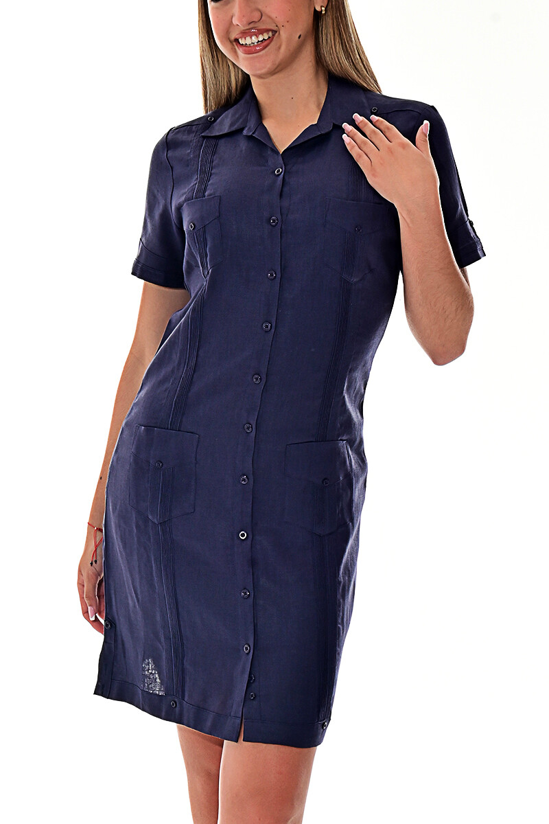 Ladies NAVY 100% Soft Linen Traditional (4) Pocket Guayabera Dress – LLGD3010