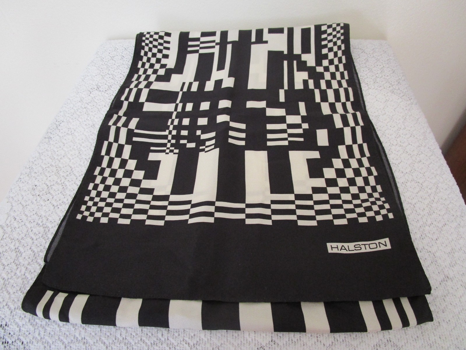 Halston Silk Scarf Black White Rectangle Signed 56” long 10.25” Wide XLNT