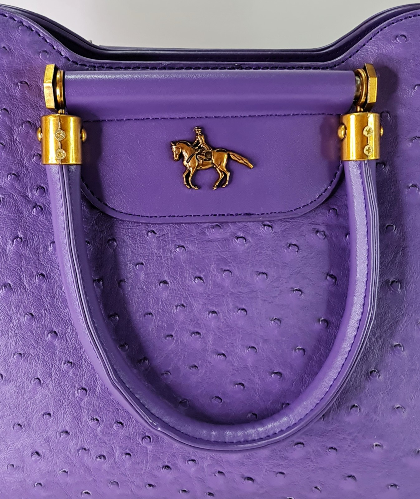 Purple Ostrich Embossed Cow Leather Satchel Top Handle Crossbody Bag Gold Zip